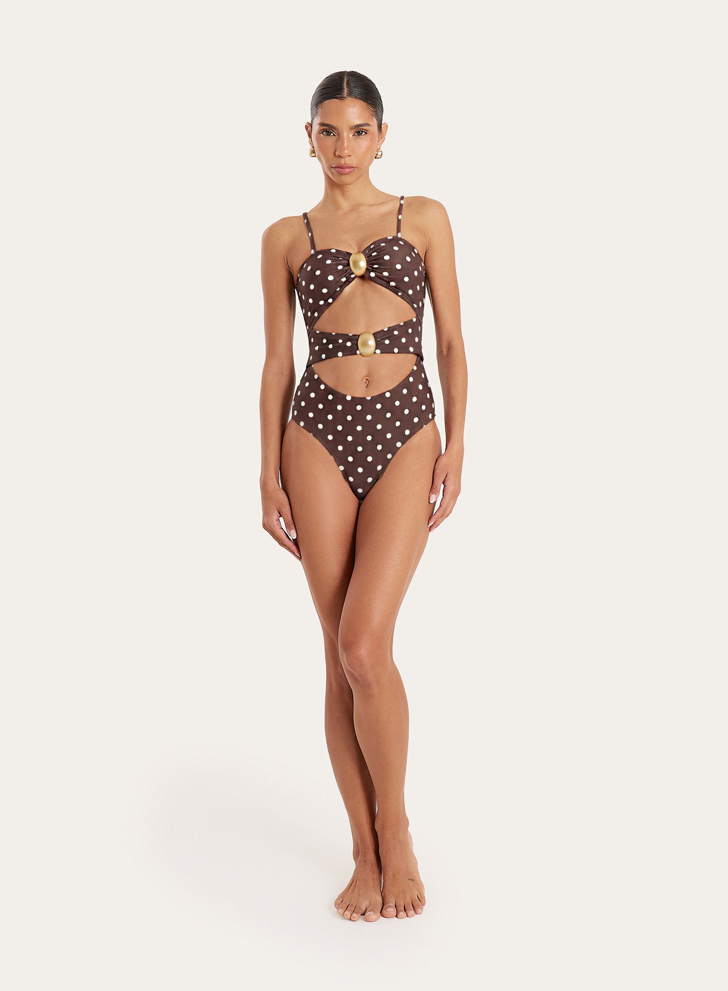Brown And White Polka Dot Cut Out Hardware Detail Swimsuit